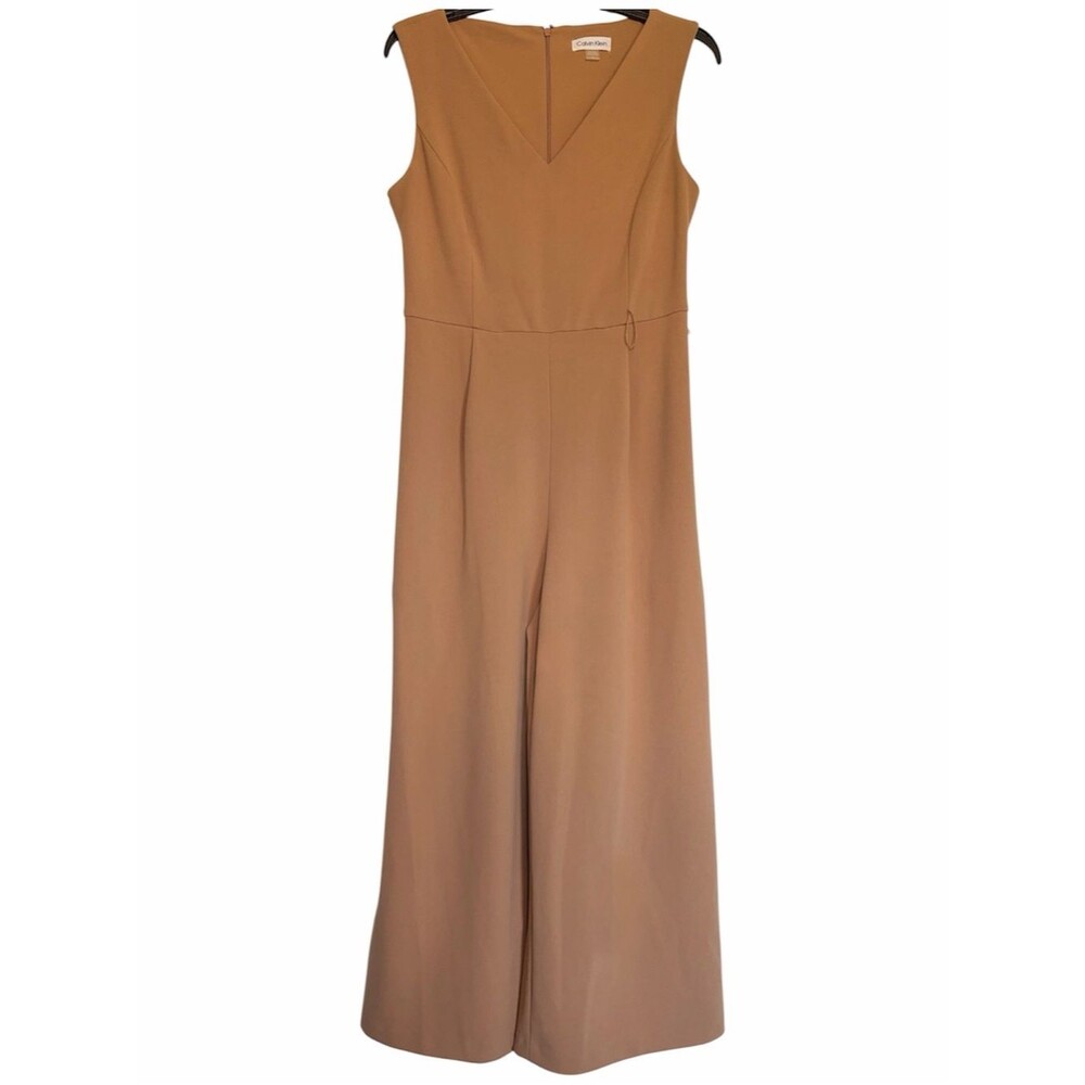 Calvin Klein Sleeveless V-Neck Wide-Leg Jumpsuit in Camel
